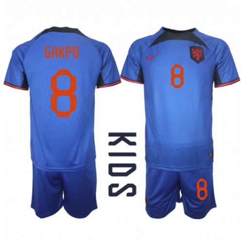 Fotbalové Dres Holandsko Cody Gakpo #8 Dětské Venkovní MS 2022 Krátký Rukáv (+ trenýrky)